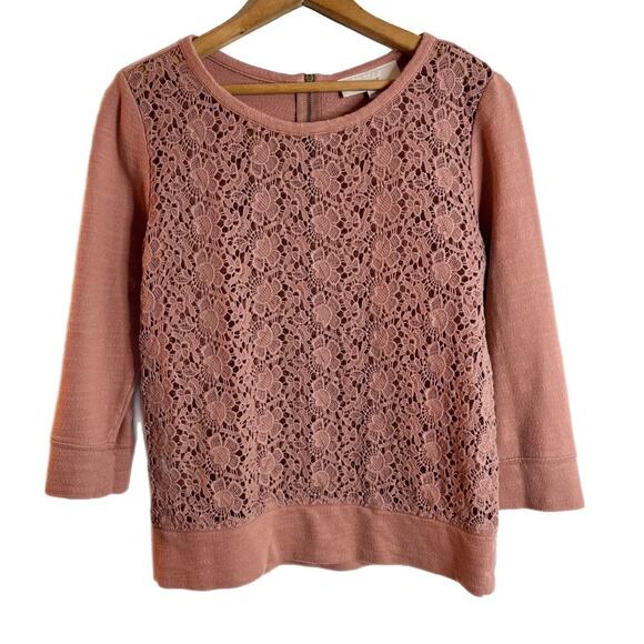 Ann Taylor Loft Women's Crochet Sweatshirt Top XS Pink 3/4 Sleeve Floral Lace - Picture 1 of 9